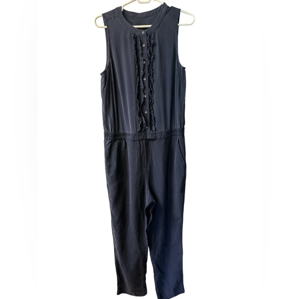 J Crew Ruffle Front Jumpsuit Navy Blue Silk